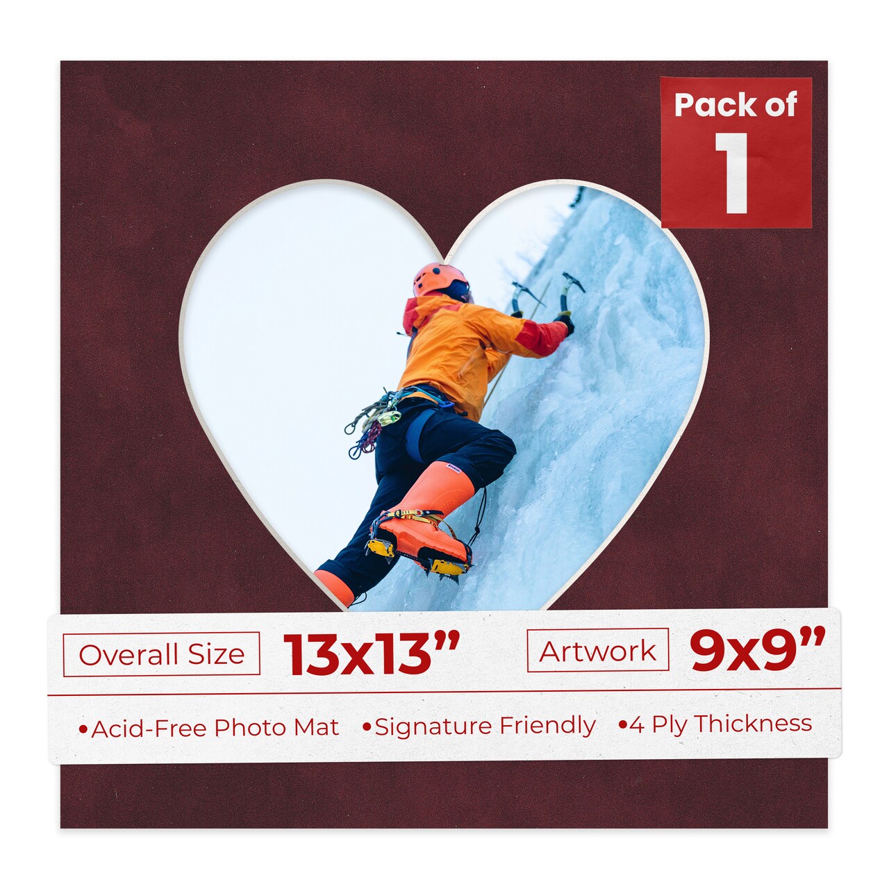 Dark Red Suede Mat Board for 13x13 Frames - Heart Opening for 9x9 Photos